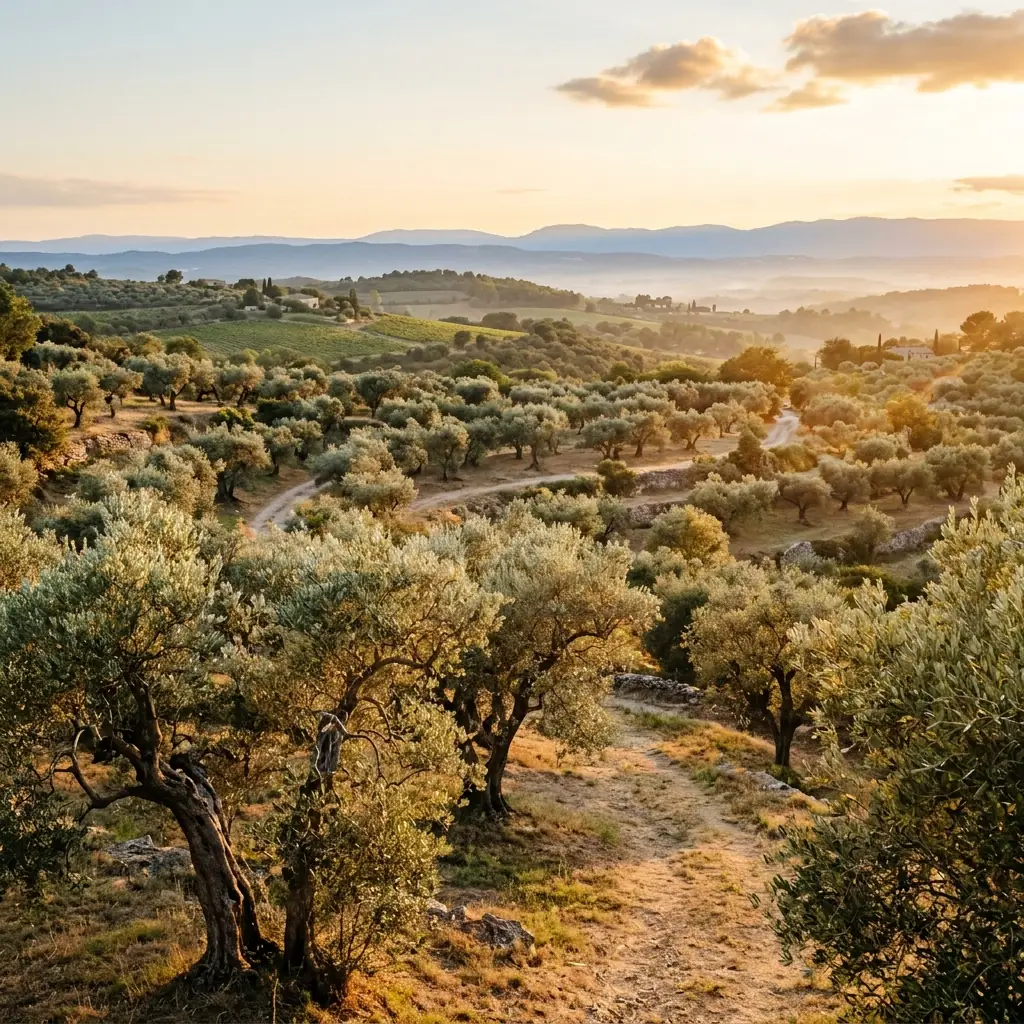 L'Oliveraie du Pla de Martís au soleil couchant